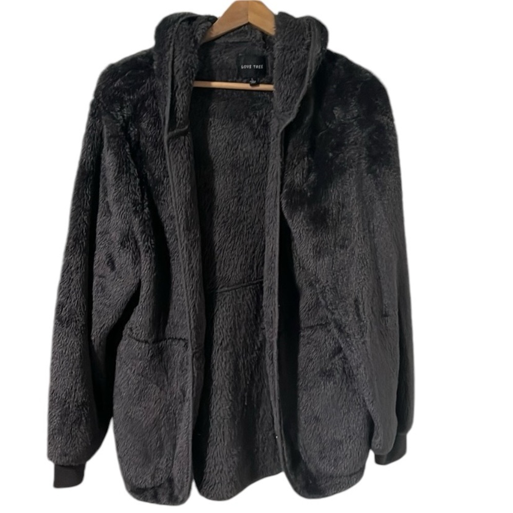 Love Tree Fluffy Soft Jacket Hoodie Dark Grey Size Large